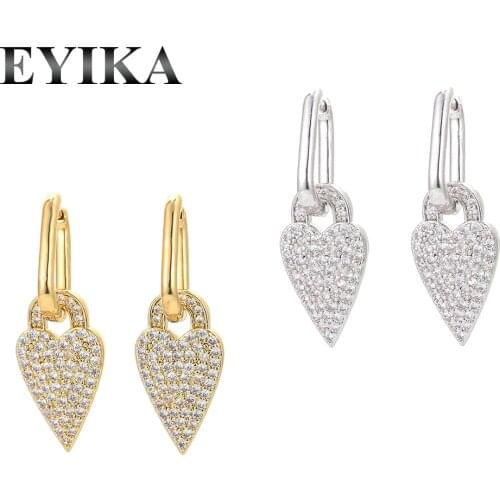 EYIKA Luxury Full Cubic Zirconia Heart Drop Earring With Polished Hoop Removable Pendientes Aros Gold Silver Color Women Jewelry