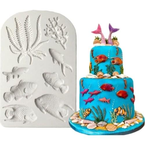 1pcs DIY Cake Border Fondant Cake Decorating Tools Fish Sea Coral Cupcake Chocolate Moulds Seaweed Silicone Mold