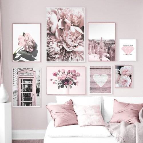 Nordic Pink Flower Bus Telephone Booth Wall Art Rock Love Quote Canvas Painting Posters And Prints Wall Pictures For Living Room