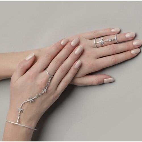 Snow 925 Sterling Silver Zircon One Piece Bangle Link Finger Ring Snowflake Chain Ring Jewelry Set Women Wedding Xmas Set