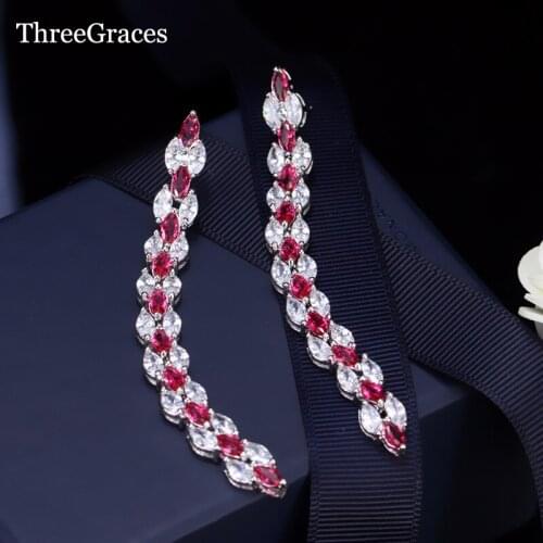 ThreeGraces Fashion Bridal Jewelry Lovely Marquise Shape Red White Cubic Zirconia Long Tassel Dangle Earrings For Brides ER174