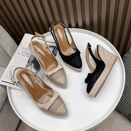 High Heel Wedge Bow Shoes 2021 Newest Fashion Style Women Sandals Female Pointed Toe Slippers High-heeled Espadrilles Straw