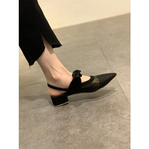 Shallow Mouth Spring Shoes Luxury Sandals 2021 Summer Womens Heels Suit Female Beige Fashion Girls Low Black Bow Pointed Close