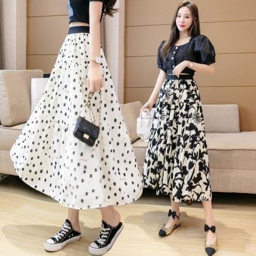 Pretty Girls Long Maxi Skirts Ink-printed High Waist A-line Skirt Mid-length for Young Women Lady White Ankle-Length BSQ367