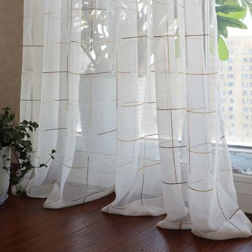 Coffee Plaid Sheer Curtains for Living Room Bedroom Stripe Tile Pattern Voile Sliding Glass Door Drapes