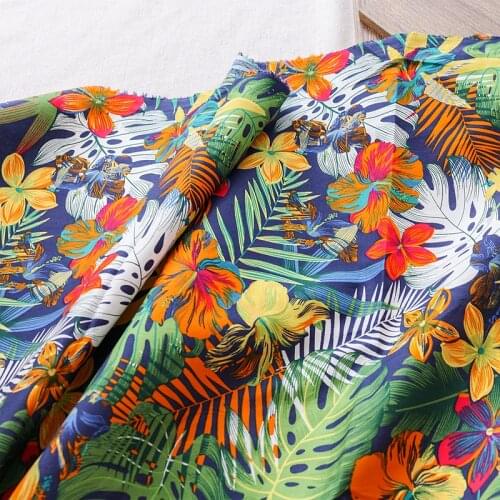148cm Width Tropical Flower Leaves Printed Cotton Poplin Fabric 100% Cotton Fabric for Dress,Shirt,White,Blue,by the meter
