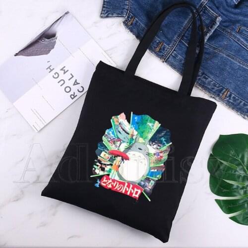 Totoro Graphic Cartoon Printed Canvas Shoulder Bag Female Harajuku Funny Large-capacity Eco Environmental Shopper Bag Black