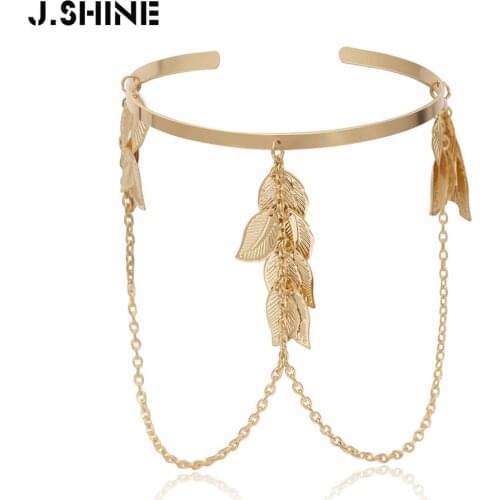 J.Shine Bohemian Leaves Upper Arm Cuff Alloy Chain Charms Bracelets Bangles on Womens Arm Fashion Bracelet Jewelry Accessories