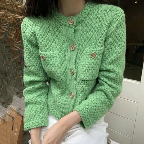 Womens Elegant Single Breasted O Neck Cardigans High Street Vintage Knitting Jacket Office Lady Knitted Sweater Chic