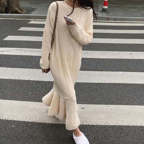 Fashion Women Autumn Winter Sweater Dress 2020 Loose O-Neck Warm Long Female Full Sleeve Knitted Mermaid Dress Vestidos