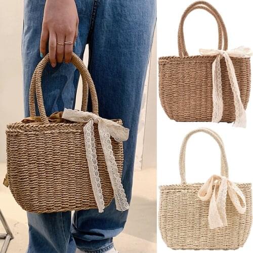2021 Straw Beach Bag For Women Summer Travel Rattan Bags Lace Bowknot Knitting Tote Bags Moon Shaped Top Handle Handbags Totes