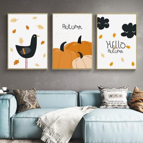 3 Pieces Canvas Cartoon Poster Pumpkin Bird Nursery Wall Art Print Painting Nordic Picture Children Kids Bedroom Decoration
