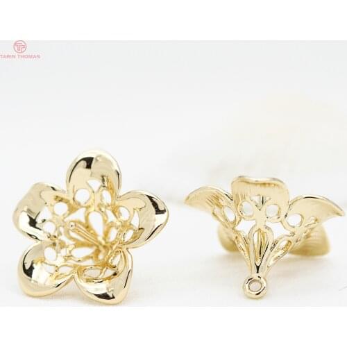 4PCS 15MM 24K Gold Color Plated Brass Flower Beads Caps with Half Pins Tassel Caps Diy Jewelry Findings Earrings Accessories