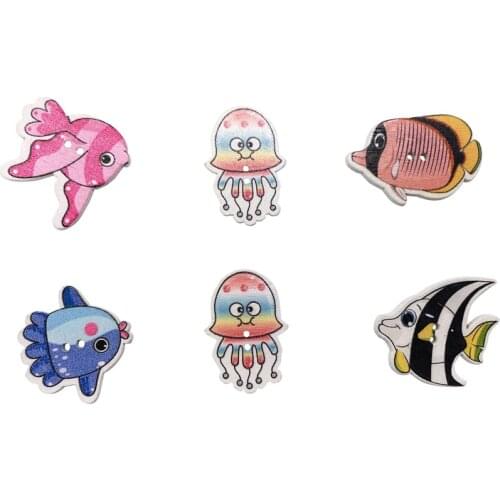 50Pcs Cartoon Ocean Fish-Shaped Pattern Decorative Wooden Button Novelty Mixed Round 2 Holes Buttons 25-30mm