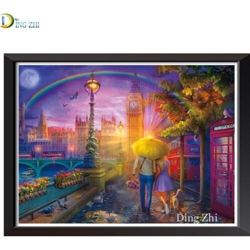 5D Diamond Painting City Street Bridge Rainbow Couple Cross-Stitch Rhinestone Mosaic Full Drill Handmade Art Embroidery Decor