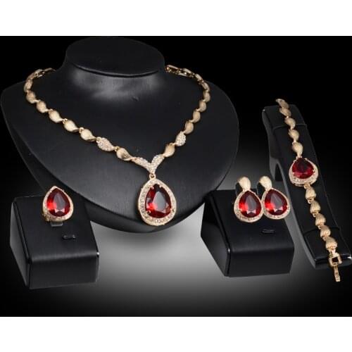 African costume gold color crystal Red Blue Gem Pendant necklace earrings bracelet Ring women bridal jewelry sets