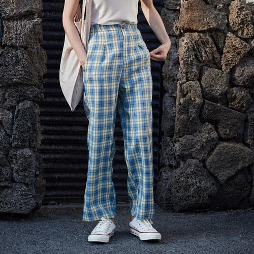 Wide leg Pants Women Fashion blue Plaid Loose High Waist Female Trousers hip hop Harem pants Pockets Summer Streetwear