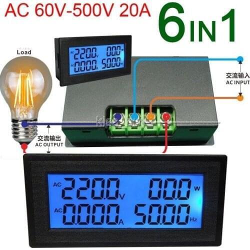 AC Multimeter Digital LCD 110V 220V 380V 20A Voltmeter Ammeter Voltage Current Power Factor KWH Frequency VOLT AMP display meter