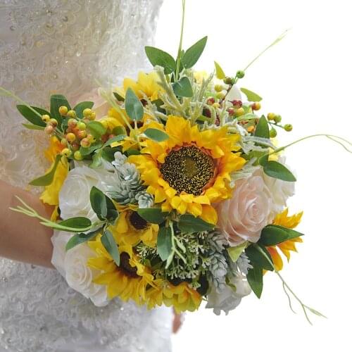 Elegant Yellow Artificial Sunflower Flowers Bridal Wedding Bouquet Fake Flower Party Mariage Garden Home Decoration