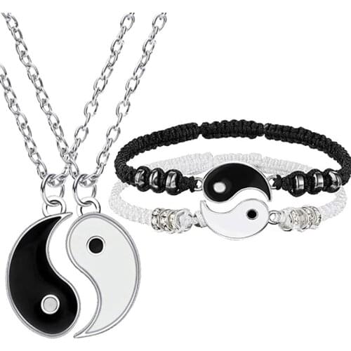 Tai Chi Yin Yang Couple Bracelets Necklaces Set Alloy Pendant Adjustable Braid Chain Bracelet Matching Lover Bracelets Necklaces