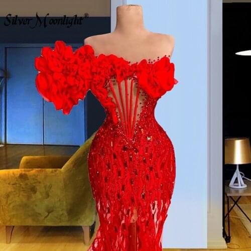 Red Cascading Ruffles Shoulder Mermaid Long Evening Dress 2021 Pearls Organza Evening Gowns Party Dresses Crystals Beaded Robe