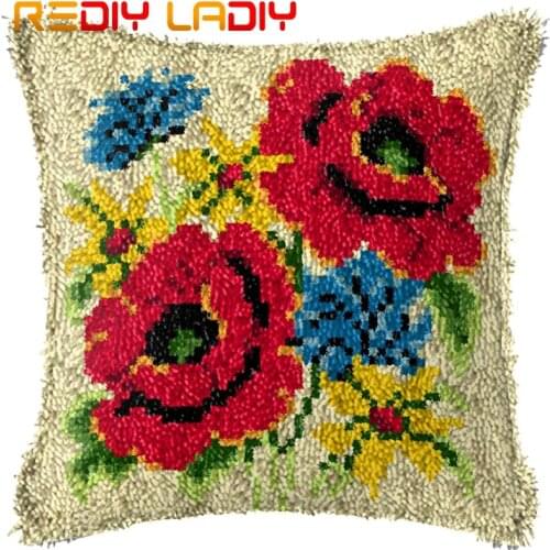 Latch Hook Cushion Poppies and Daisy Pillow Case Pre-Printed Canvas Acrylic Yarn Latched Sofa Pillow Crochet Cushion Cover Kits