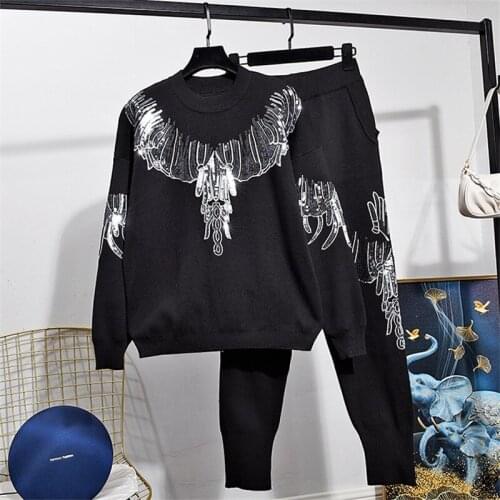 Fashion Women Sets Black Knitted Sweater Long Pencil Pants Two Piece Set Casual Sequins Tracksuits Female Knitting Suit Outfits