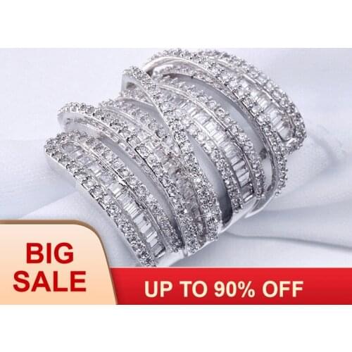 Fashion Luxury Big Jewelry Women wedding band ring Silver color 60pcs T Shape AAAAA zircon cz Female Engagement Ring