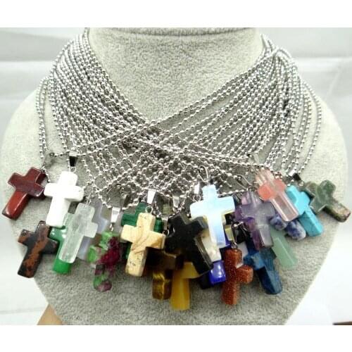 Natural Stone Quartz Crystal tiger eye Opal lapis Turquoises Cross pendants for diy charm Jewelry making Necklaces