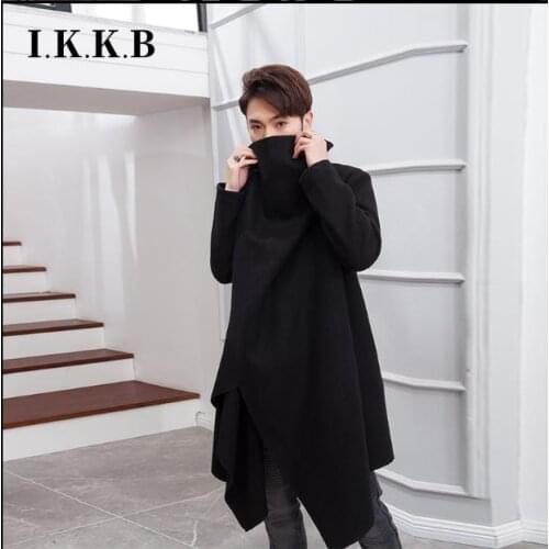 Autumn and winter hairstylist warm windbreaker middle long woollen coat mens Korean slim irregular personality woolen coat