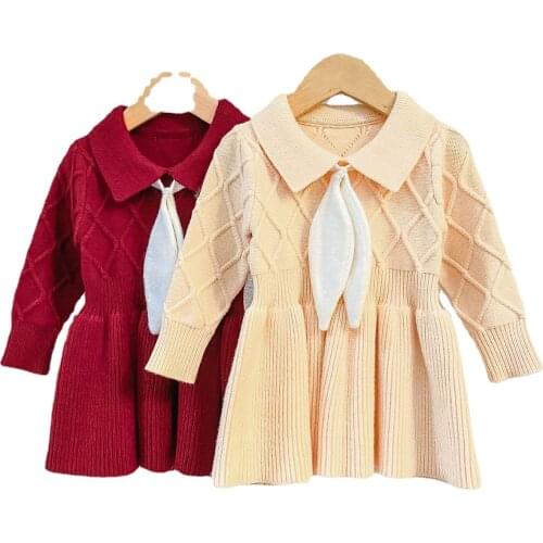 Autumn and winter girls knitted dress western style bow tie princess knitted sweater dress baby baby long-sleeved skirt