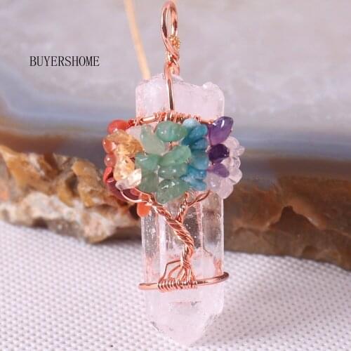 Natural White Crystal Big Pendant Reiki Chakra Tree of Life Rose Gold Color Handmade Wire Wrapped Pendant with Chain 18" K2030