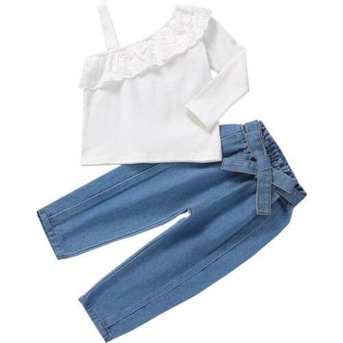 2021 Casual Girls T-shirt and Trousers Suit Fresh Solid Color Flounce One-shoulder Tops and Bandage Denim Pants