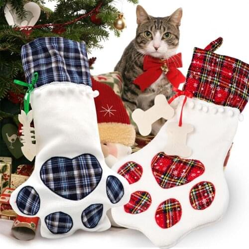 Christmas Stockings Gift Bag Decor for New Year 2019 Plaid Christmas Gift Bags Pet Paw Stocking Socks Xmas Tree Hanging Pendant