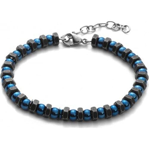Runda New Arrival Fashion Stainless Steel Men Blue Beaded Bracelet Vintage Jewelry