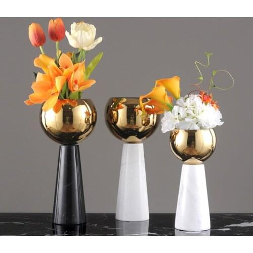 Model Room Light Luxury Decoration Creative Desktop Marble Vase Home Decoration Marble Base Metal Decoration