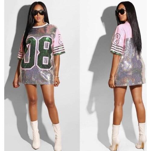 Women Performance Costumes Cheerleaders Loose Oversized Causal 08 Letter Shift Sequin T Shirt Mini Dress Hip-Hop Long Tee