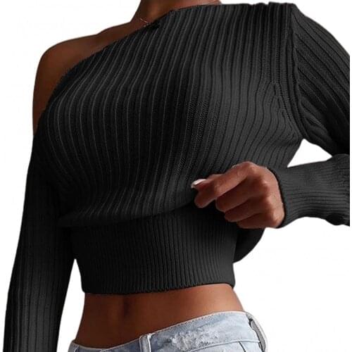 Women Sexy Off Shoulder Sweater Solid Color Long Sleeve Ribbed Knitted Pullover