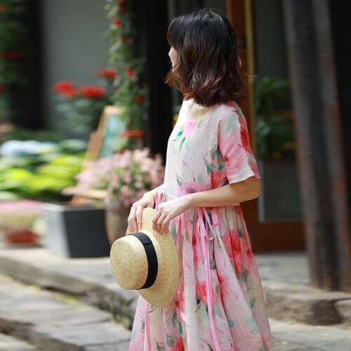 Women Loose Summer Printed Dress Ladies Ramie Print Flower Dress Female 2021 Short Sleeve Dress
