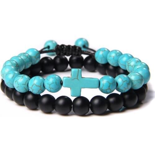 2pcs/set Blue Turquoises Beads Bracelet Natural Stone Jesus Cross Beads Charm Bracelet Buddha Energy Jewelry Gifts for Women Men