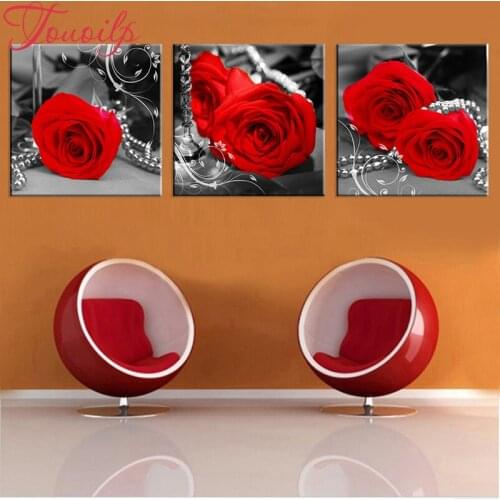 3 Pieces Red Black and White Rose Flower home decoration,5D Diamond Painting,Cross Stitch,3D,Diamond Mosaic,Diamond Embroidery