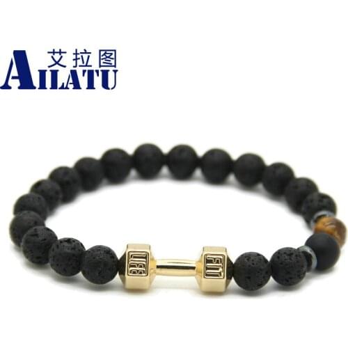 Ailatu Lava Rock Stone Beads Energy Fitness Fashion Dumbbell Bracelet Mens Elastic Bead Barbell Jewelry Hombre Bracciali