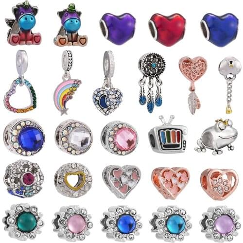 2Pcs/Lot 45 Style High Quality Unicorn Moon Heart Charm Beads Pendant Fit DIY Brand Bracelet Necklaces For Women Jewelry Making