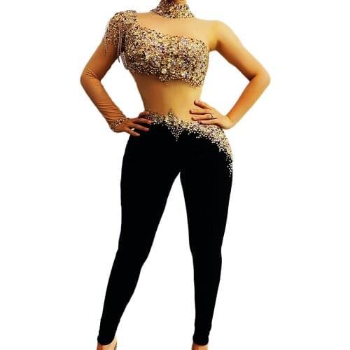 Black Rhinestones Tassel Jumpsuit One Off Shoulder Bodycon Party Evening Costume Lady Personality Performance Dance Stage Wear