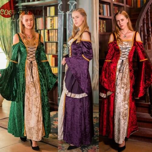 Costumebuy Vintage Medieval Palace women Evening Party Gown Fancy Renaissance pleuche Dress Retro velvet Tailed Party Costome