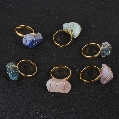 Handmade Wire Wrap Original Natural Stone Crystal Lapis Lazuli Gold Adjustable Rings 2020 Women Accessories BOHO Jewelry Sale