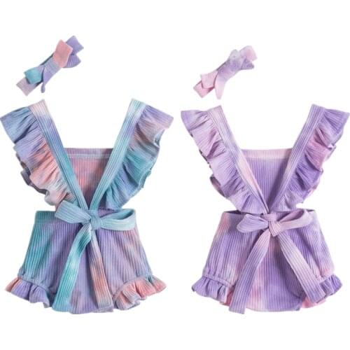 Summer Baby Girls Clothes Set Romper+Headband 2Pcs Tie-dye Colorful Flare Sleeves Jumpsuit 0-24 Months Toddler Infant Outfits