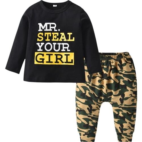 Toddler Baby Boy Clothes Set Fall Outfit Letter Printed Long Sleeve Pullover Top and Camo Pants 2pcs/set Infant Outdoor Clothing