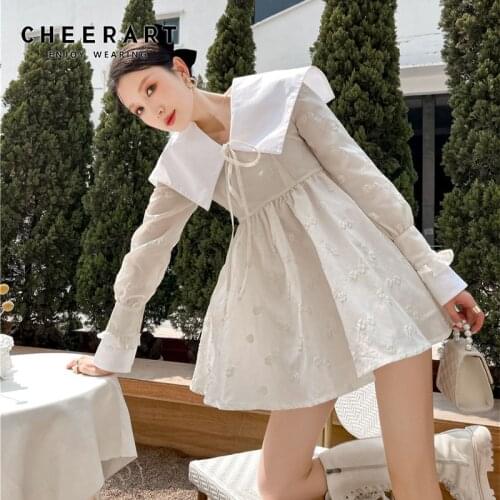 CHEERART Sailor Collar Jacquard Long Sleeve Mini Dress Women Tie Neck Tunic A Line Dress Fashion Korean Outfit Spring 2021