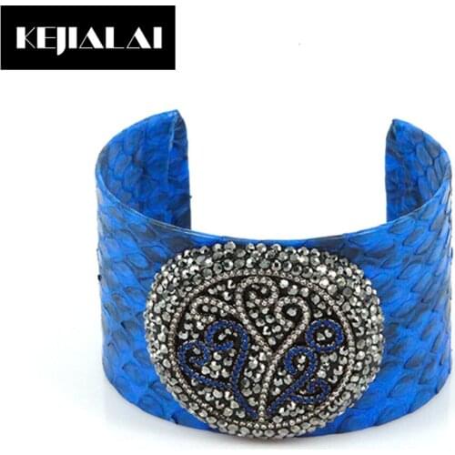 Fashion Women Jewelry Punk Style Bangle Python Leather Pave Rhinestone Crystal Wide Cuff Bangles Bracelets Pulseiras Best Gift